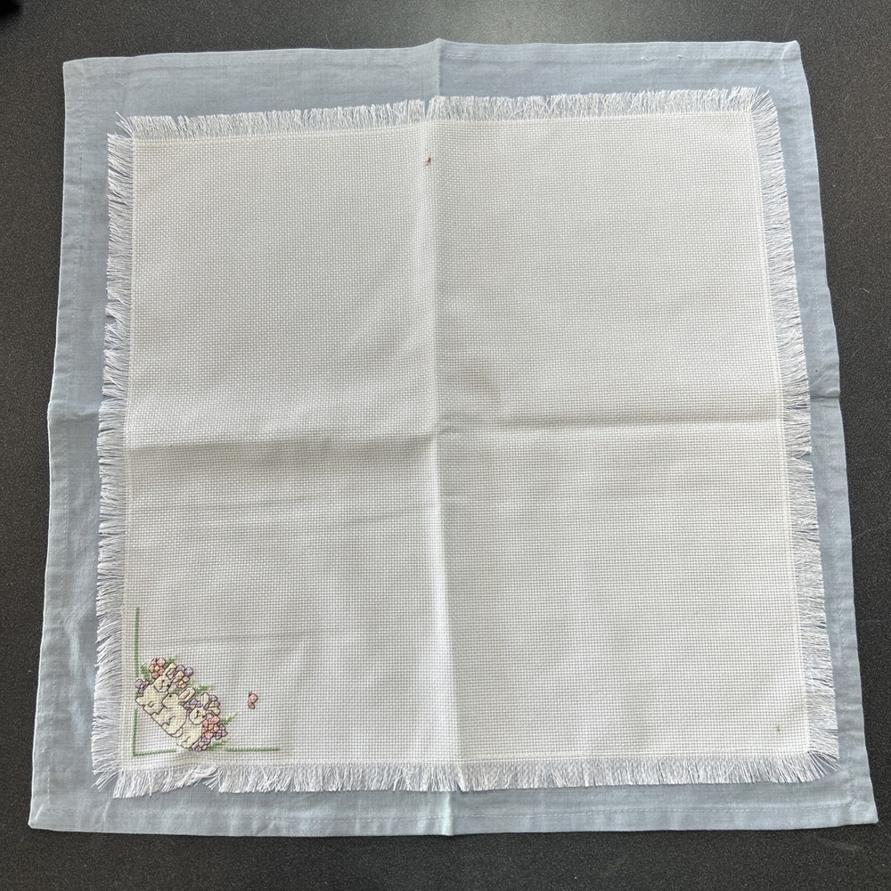 Preworked RABBITS FLOWERS BUTTERFLY Needlepoint Canvas w/Petit Point Linens